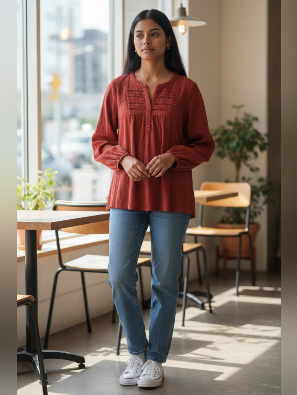 Cotton Blue Women's Rust Long-Sleeve Pintuck Peasant Top